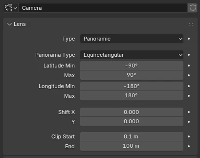 Blender Camera settings showing how to set it to panorama mode