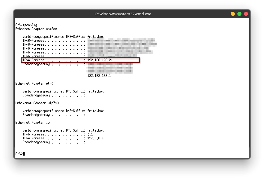 Windows CMD showing the output of ipconfig