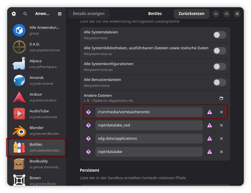 Flatseal showing Bottles and read / write access to /run/media/vortexacherontic Flatseal showing Bottles and read / write access to /run/media/vortexacherontic