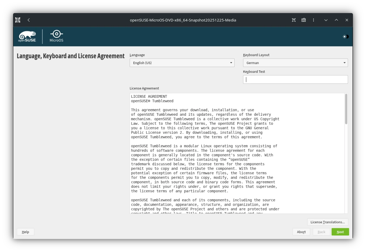openSUSE MicroOS Language Selection