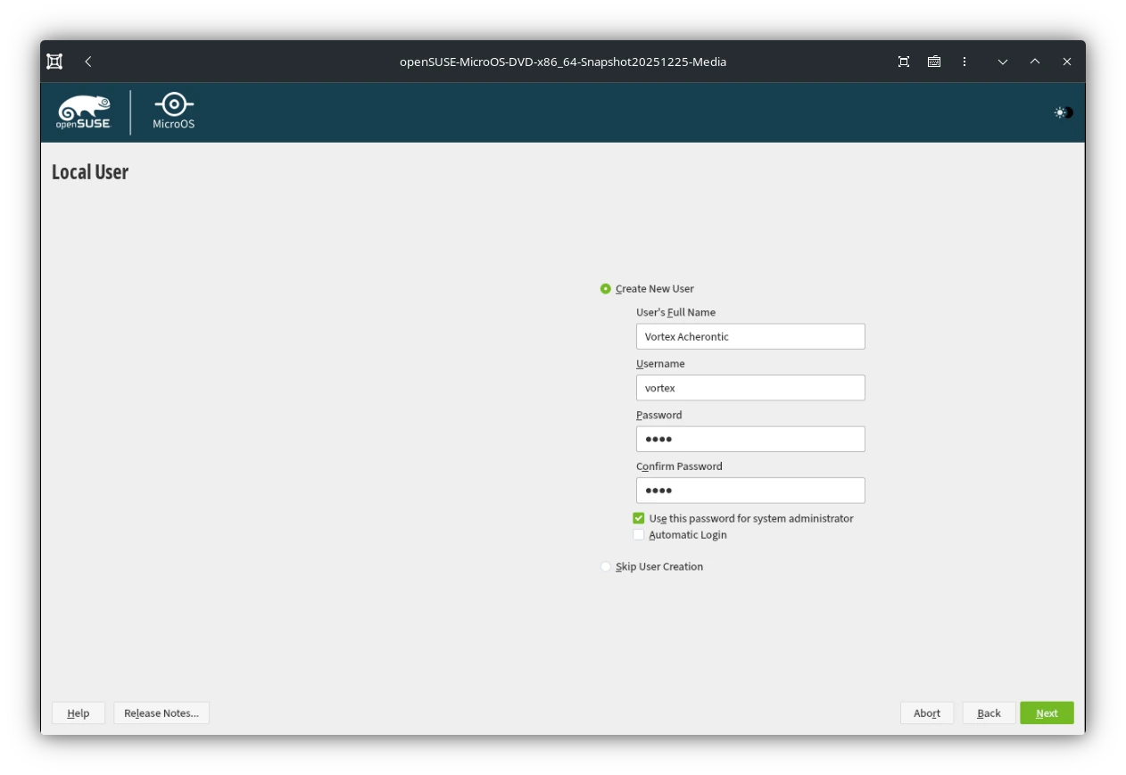 openSUSE MicroOS Local user Setup