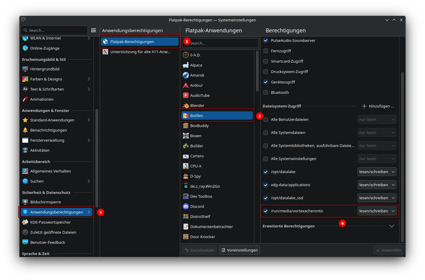 KDE Plasma 6 Application permission screen showing Bottles KDE Plasma 6 Application permission screen showing Bottles