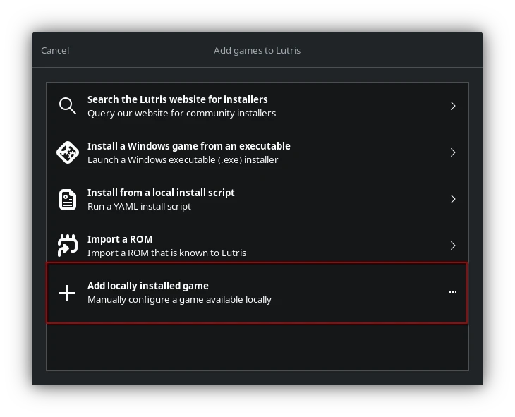 Lutris Main UI - Add locally installed game Lutris Main UI - Add locally installed game
