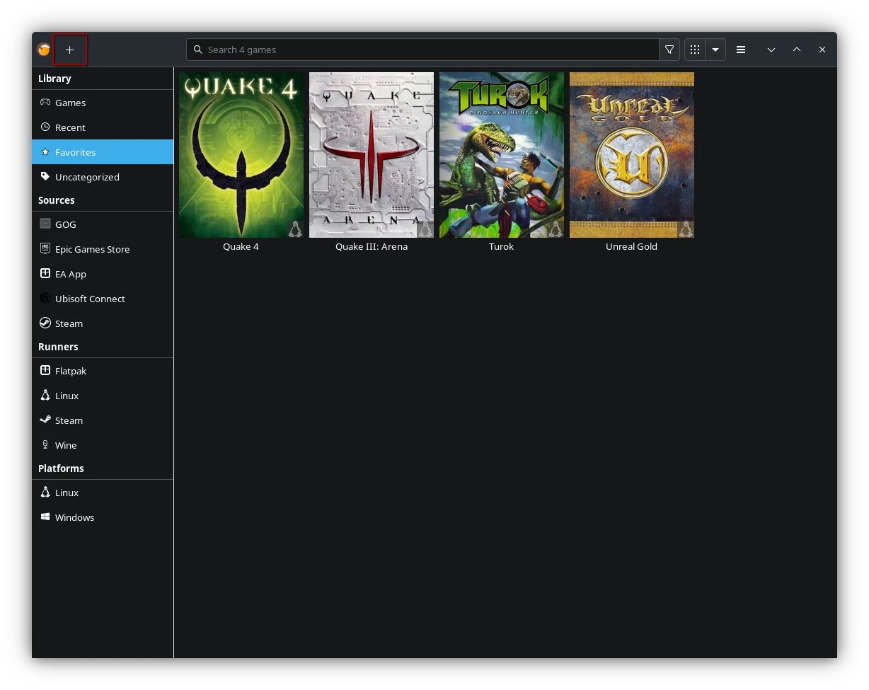 Lutris Main UI - Add new game Lutris Main UI - Add new game