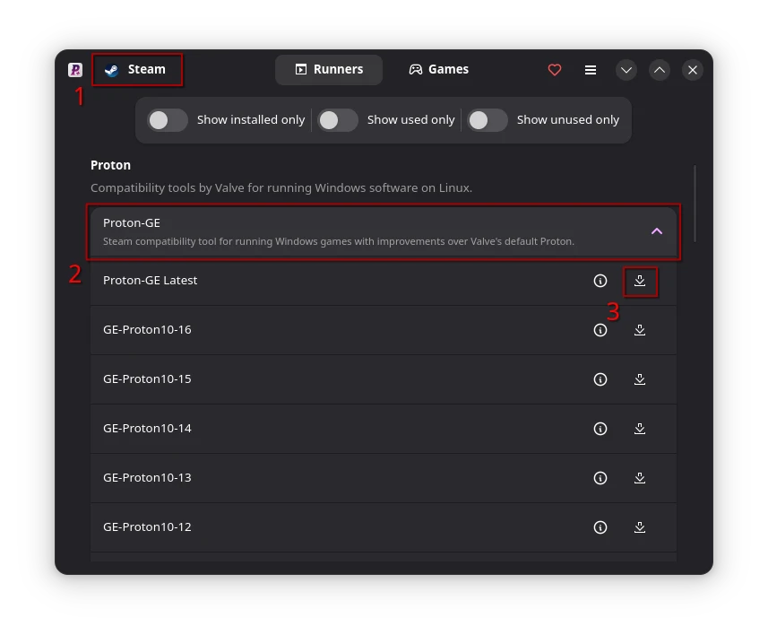 ProtonPlus install GE-Proton for Steam ProtonPlus install GE-Proton for Steam
